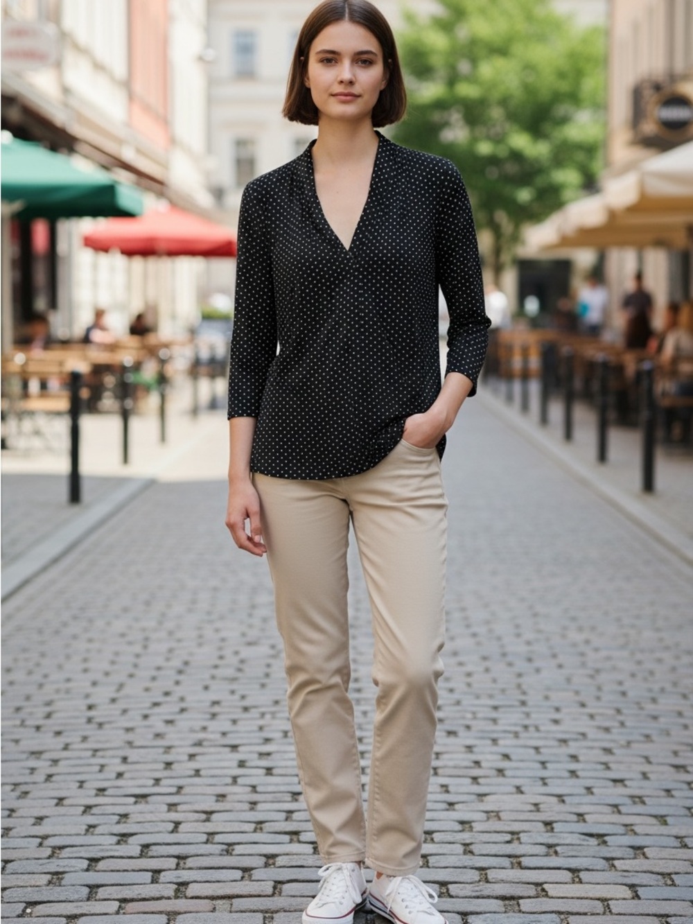 Charter Club Black Blouse with White Polka Dots